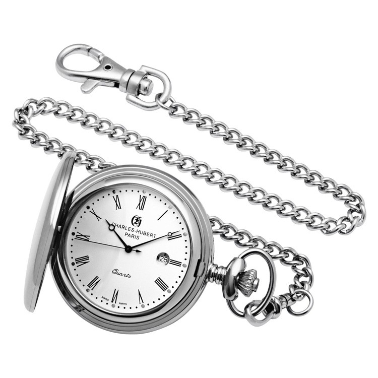 Polished Finish Stainless Steel Hunter Case Quartz Pocket Watch