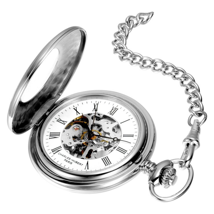 Stainless Steel Polished Finish Demi Hunter Case Mechanical Pocket Watch