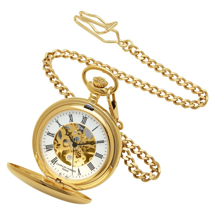 Gold-Plated Polished Finish Double Hunter Case Mechanical Pocket Watch