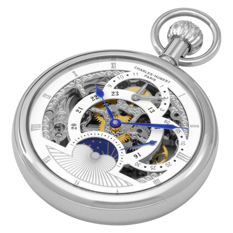 Polished Finish Open Face Dual Time Mechanical Pocket Watch