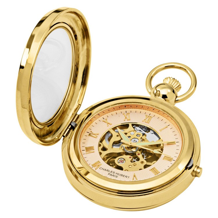 Gold-Plated Polished Finish Hunter Case Picture Frame Mechanical Pocket Watch