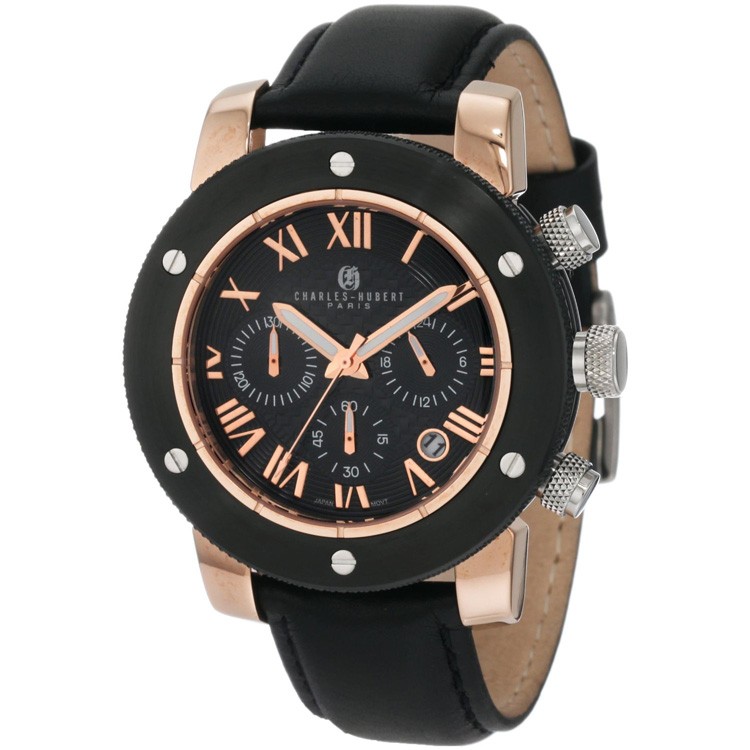 Charles-Hubert Men's Rose Gold-Plated Stainless Steel Black Dial Chronograph Watch #3893-BRG