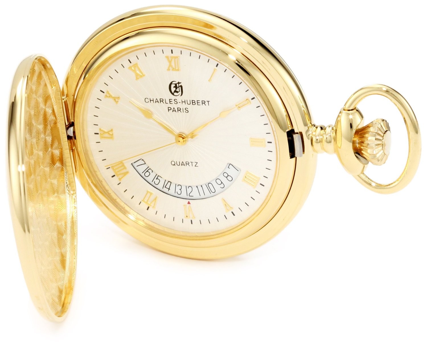 Charles-Hubert Paris Gold-Plated Polished Finish Hunter Case Quartz Pocket Watch