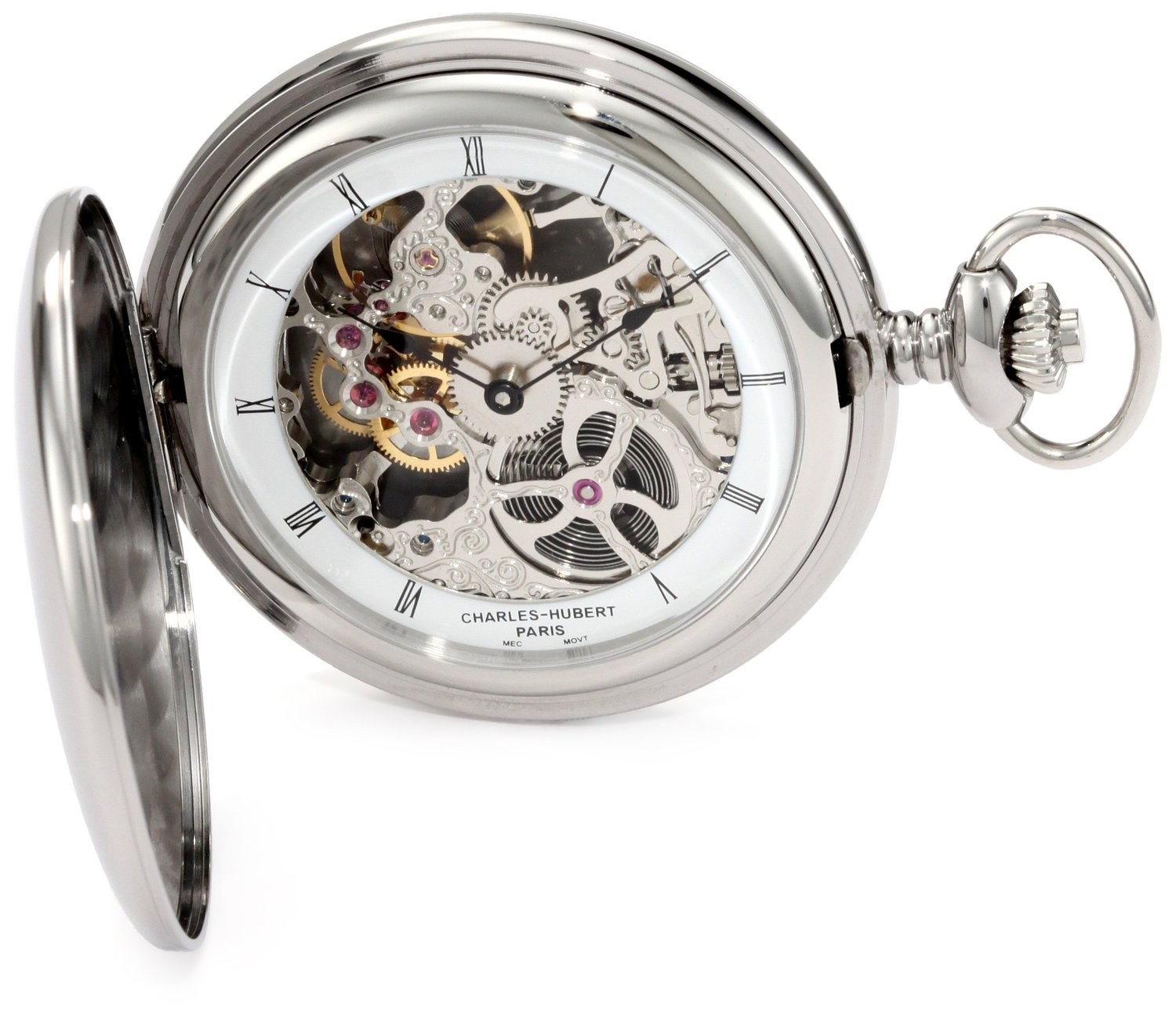 Charles-Hubert Paris Stainless Steel Polished Finish Hunter Case Mechanical Pocket Watch