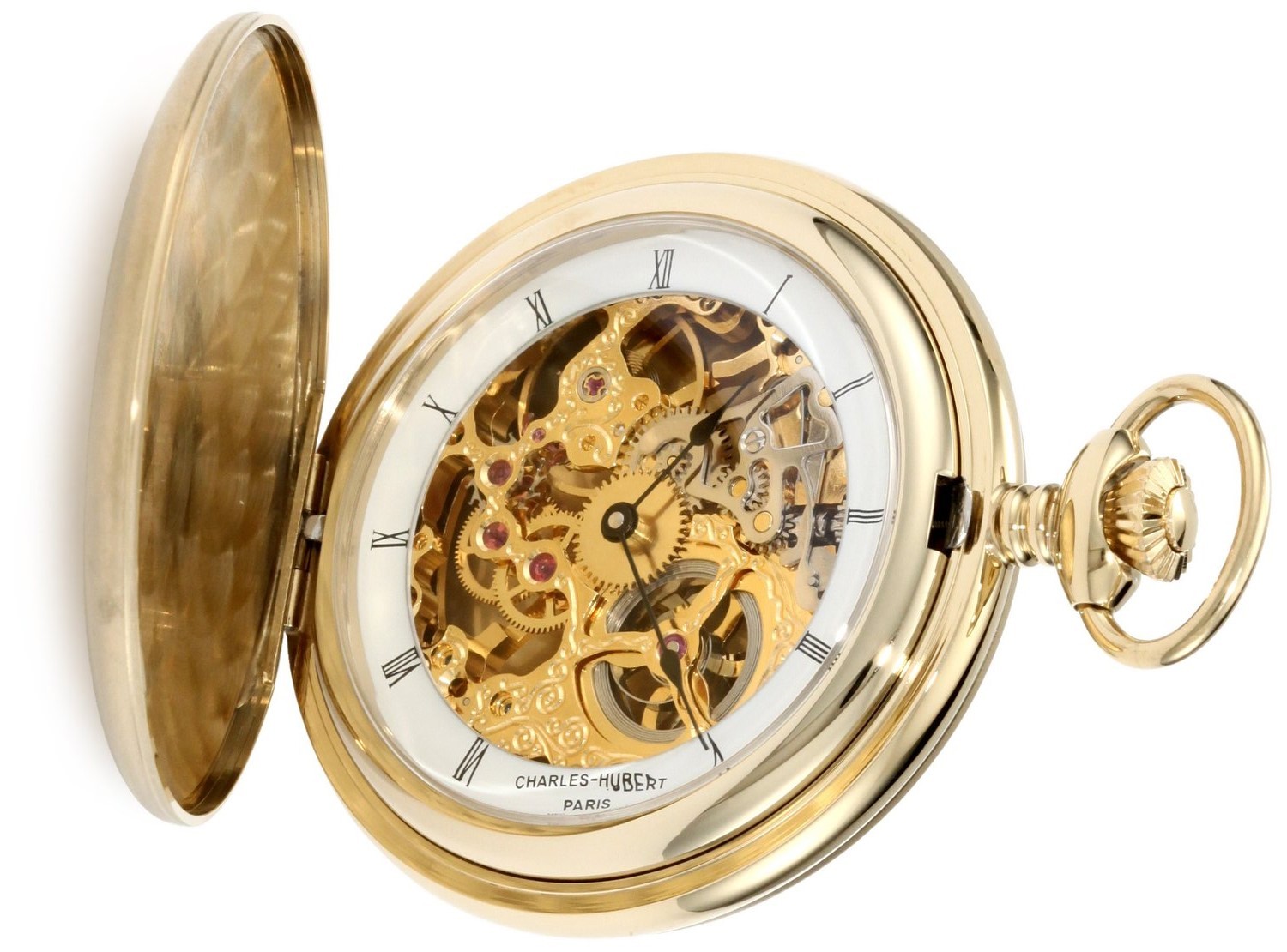 Charles-Hubert Paris Gold-Plated Stainless Steel Satin Finish Hunter Case Mechanical Pocket Watch