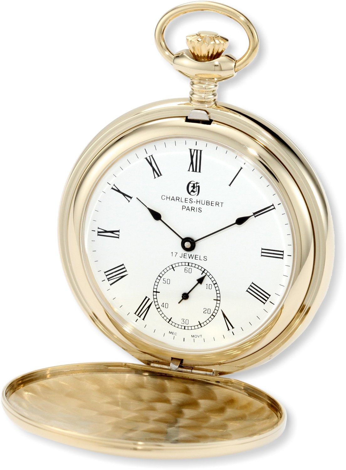 Charles-Hubert Paris Gold-Plated Stainless Steel Polished Finish Double Hunter Case Mechanical Pocket Watch