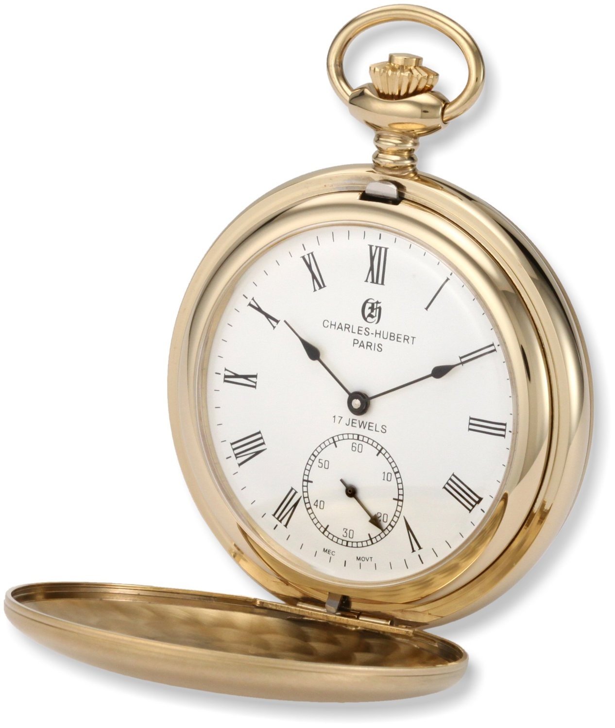 Charles-Hubert Paris Gold-Plated Stainless Steel Satin Finish Double Hunter Case Mechanical Pocket Watch