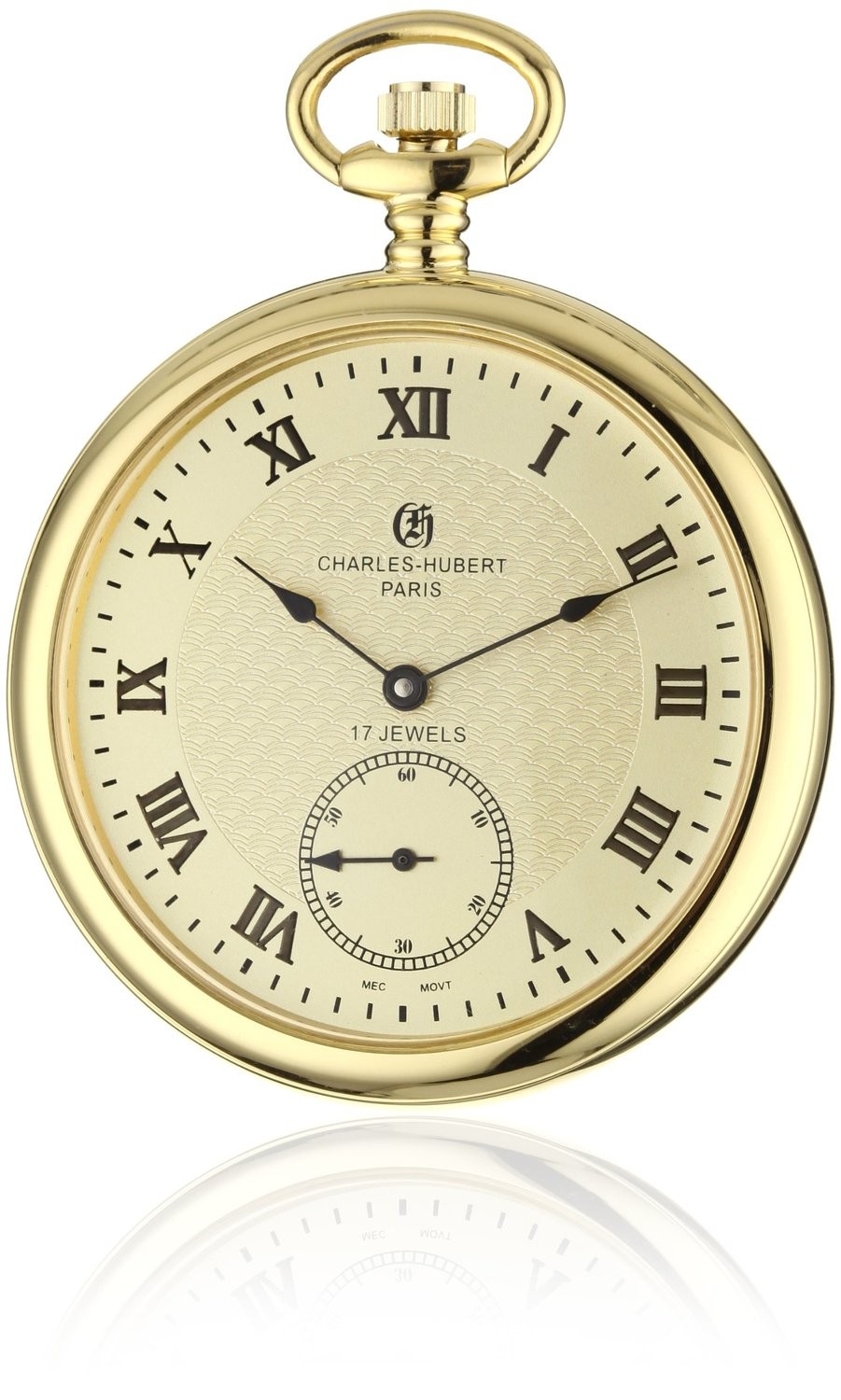 Charles-Hubert-　Mechanical　Gold-Plated　Face　Paris　Stainless　#3756-GA-　Steel　Open　Pocket　Watch