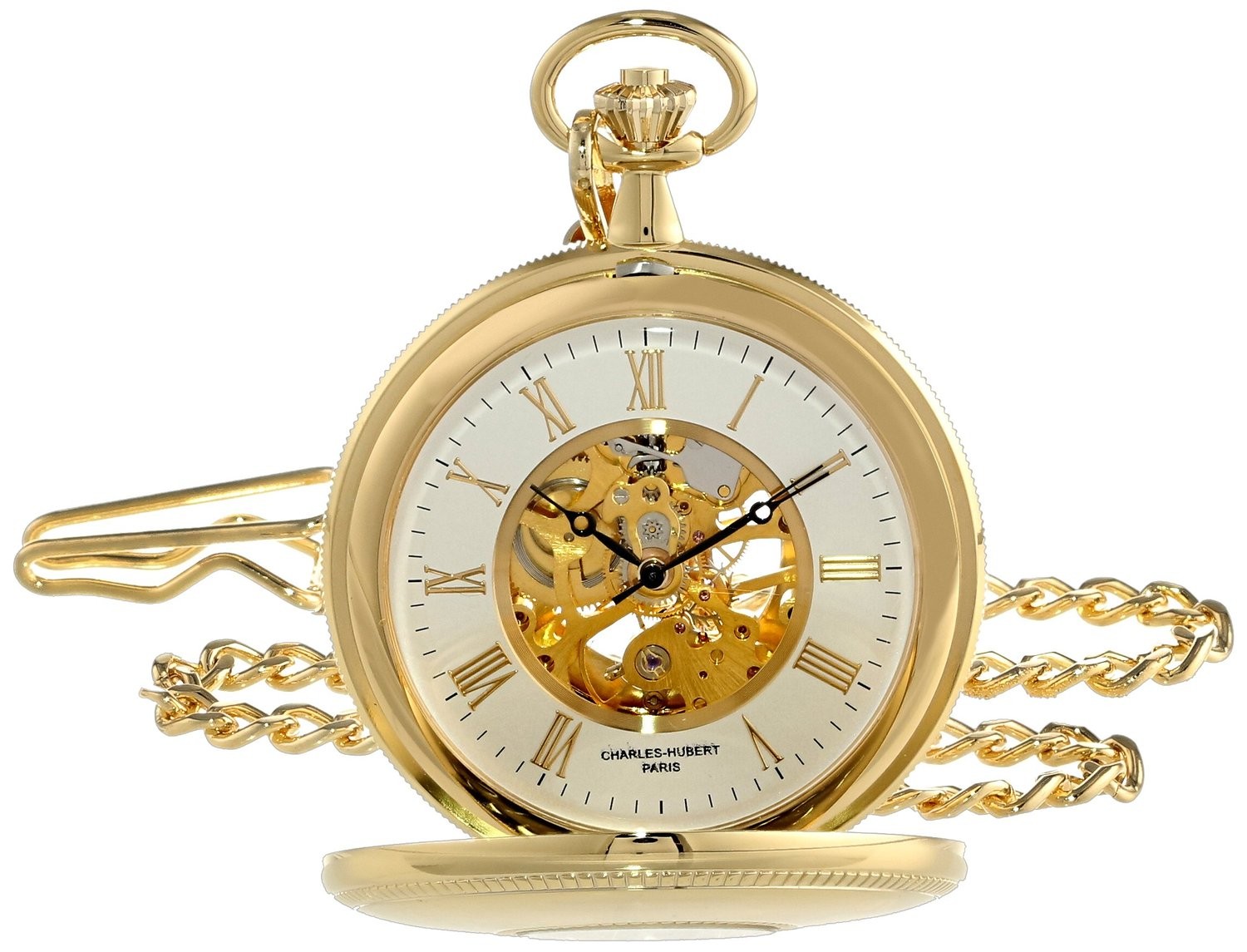 Charles-Hubert Paris Gold-Plated Polished Finish Double Demi-Hunter Case Mechanical Pocket Watch