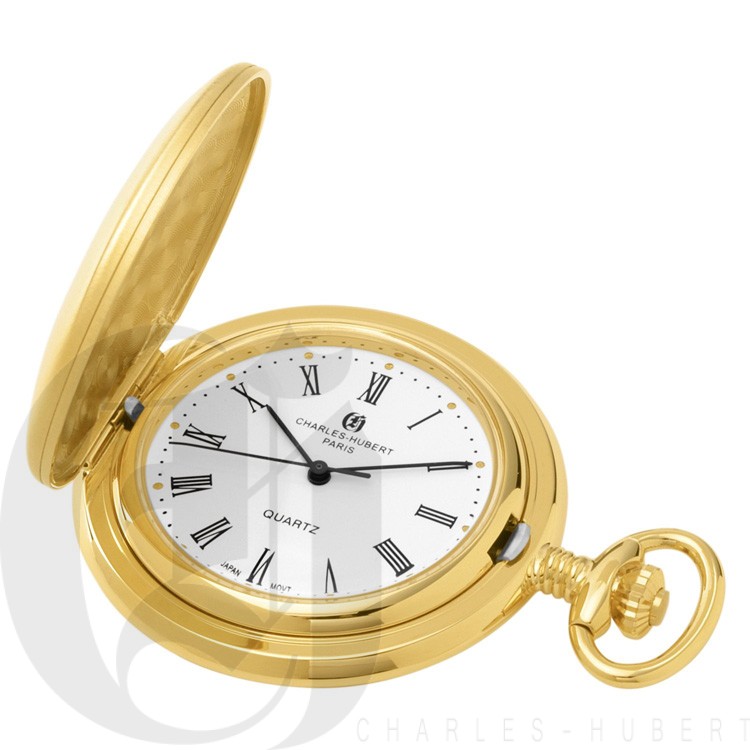 Gold-Plated Brushed Finish Hunter Case Quartz Pocket Watch