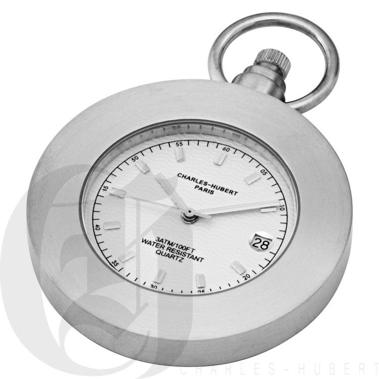 Brushed Finish Open Face Stainless Steel Quartz Pocket Watch