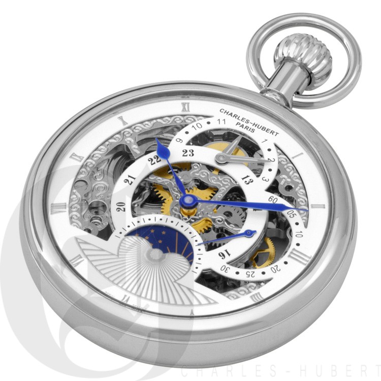 Polished Finish Open Face Dual Time Mechanical Pocket Watch