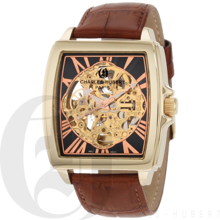 Charles-Hubert Men's Gold-Plated Stainless Steel Skeleton Dial Automatic Watch #3888-A