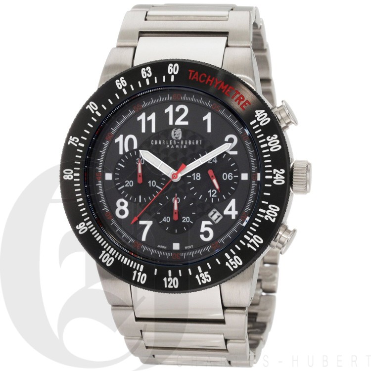 Charles-Hubert Men's Stainless Steel Black Dial Chronograph Watch #3896-W