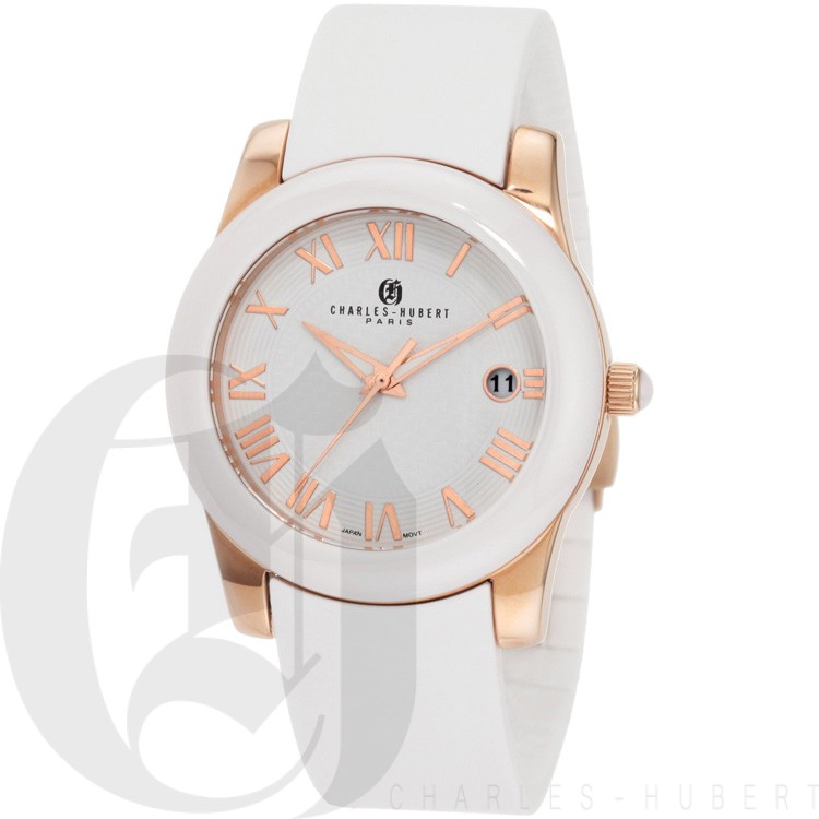 Charles-Hubert Women's Rose Gold-Plated Stainless Steel White Ceramic Bezel Quartz Watch #6888-WRG